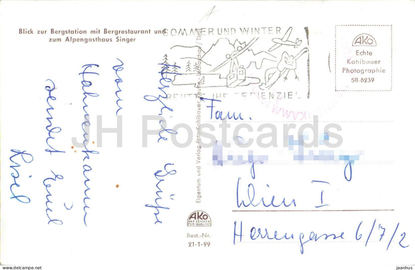 Skigebiet ad Hahnenkamm 1940 m - Alpengasthaus Singer - Tirol - 21-1-99 - carte postale ancienne - Autriche - d'occasion