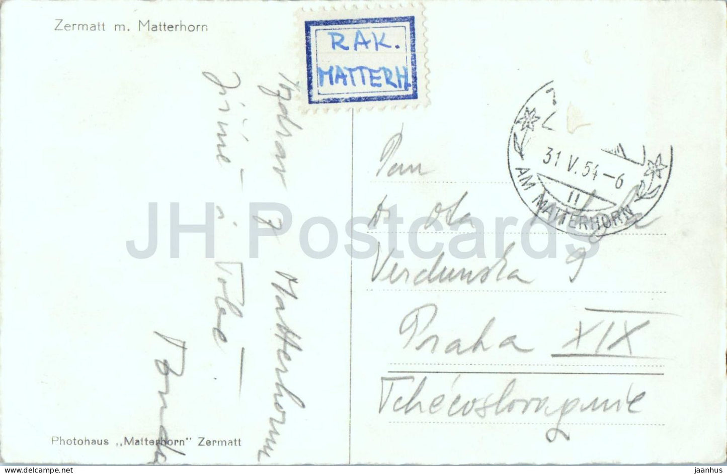 Zermatt au pied du Cervin - village de montagne et sommet du Cervin - carte postale ancienne - 1954 - Suisse - utilisée