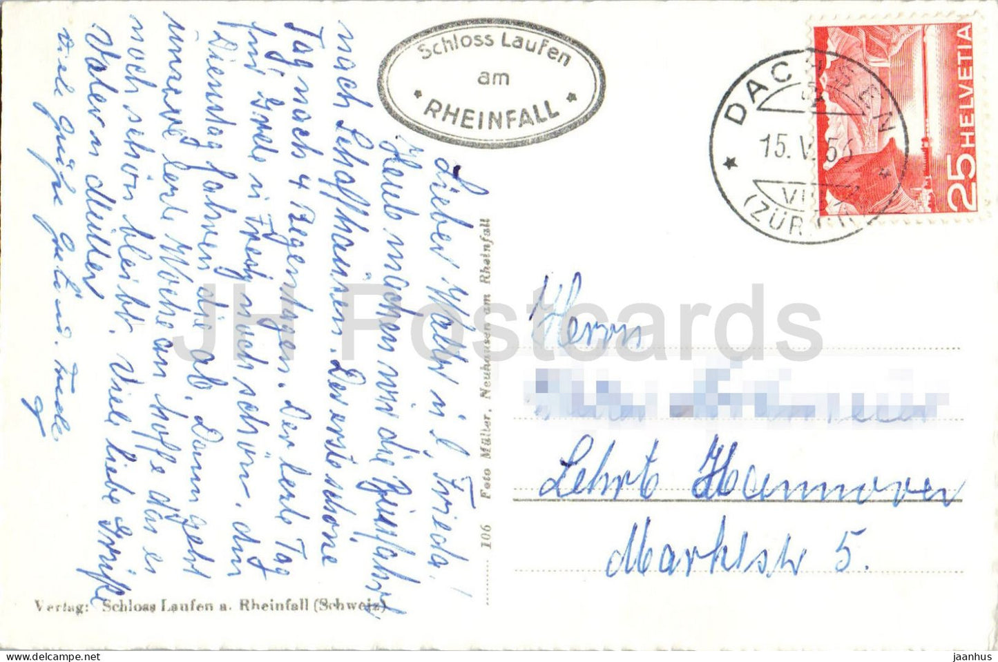 Flugaufnahme vom Rheinfall Schweiz - aerial view of waterfall - 106 - old postcard - 1956 - Switzerland - used