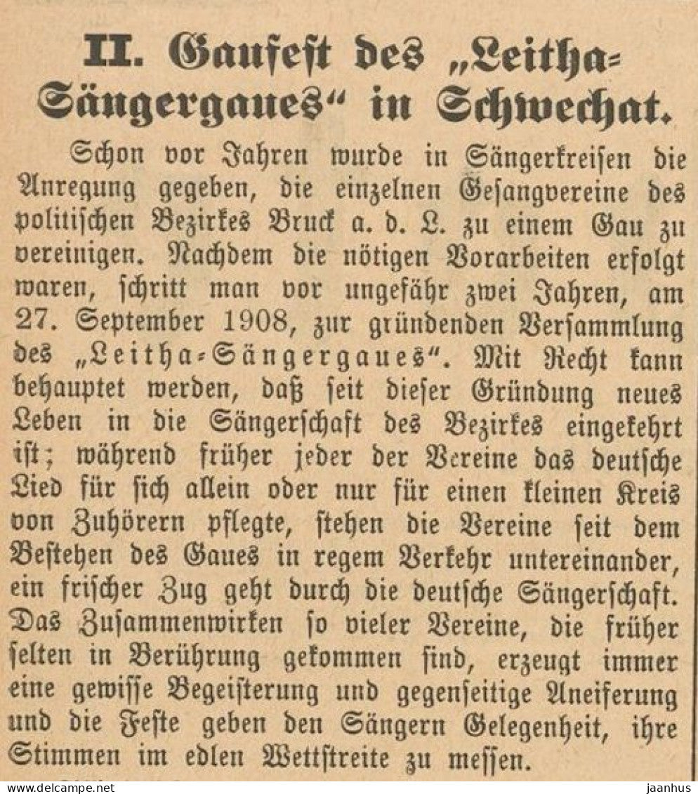 Wien - Vienna - Leitha Sangergau Gaufest in Klein-Schwechat 5 May 1910 ? - photo - old postcard - 1910 - Austria - used