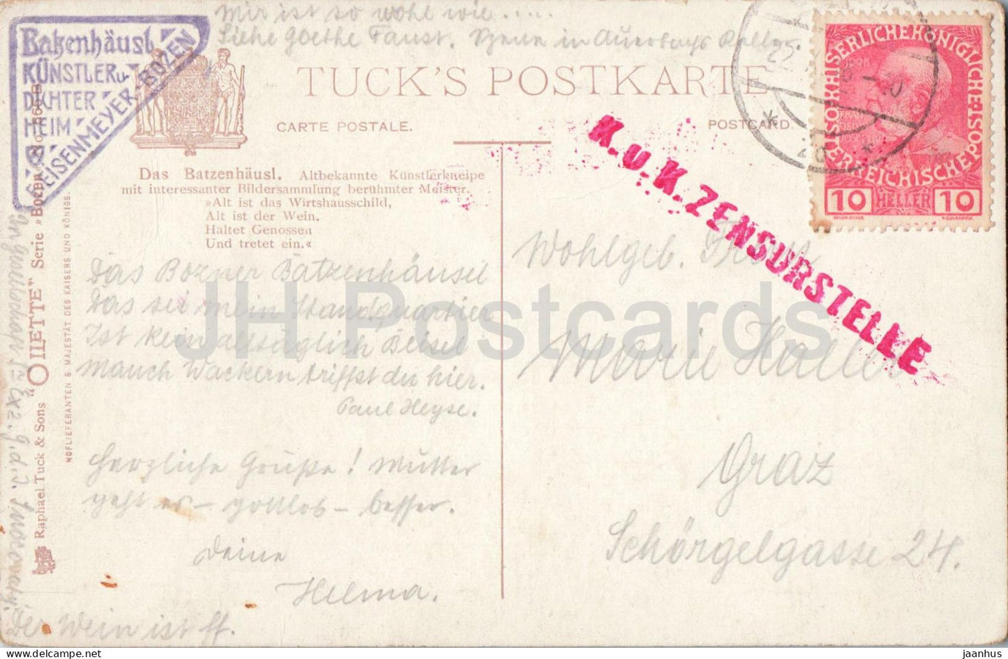 Bozen - Batzenhausl - Bolzano - Batzenhausl - taverne - Oilette - Zensurstelle - carte postale ancienne - années 1910 - Italie - utilisé