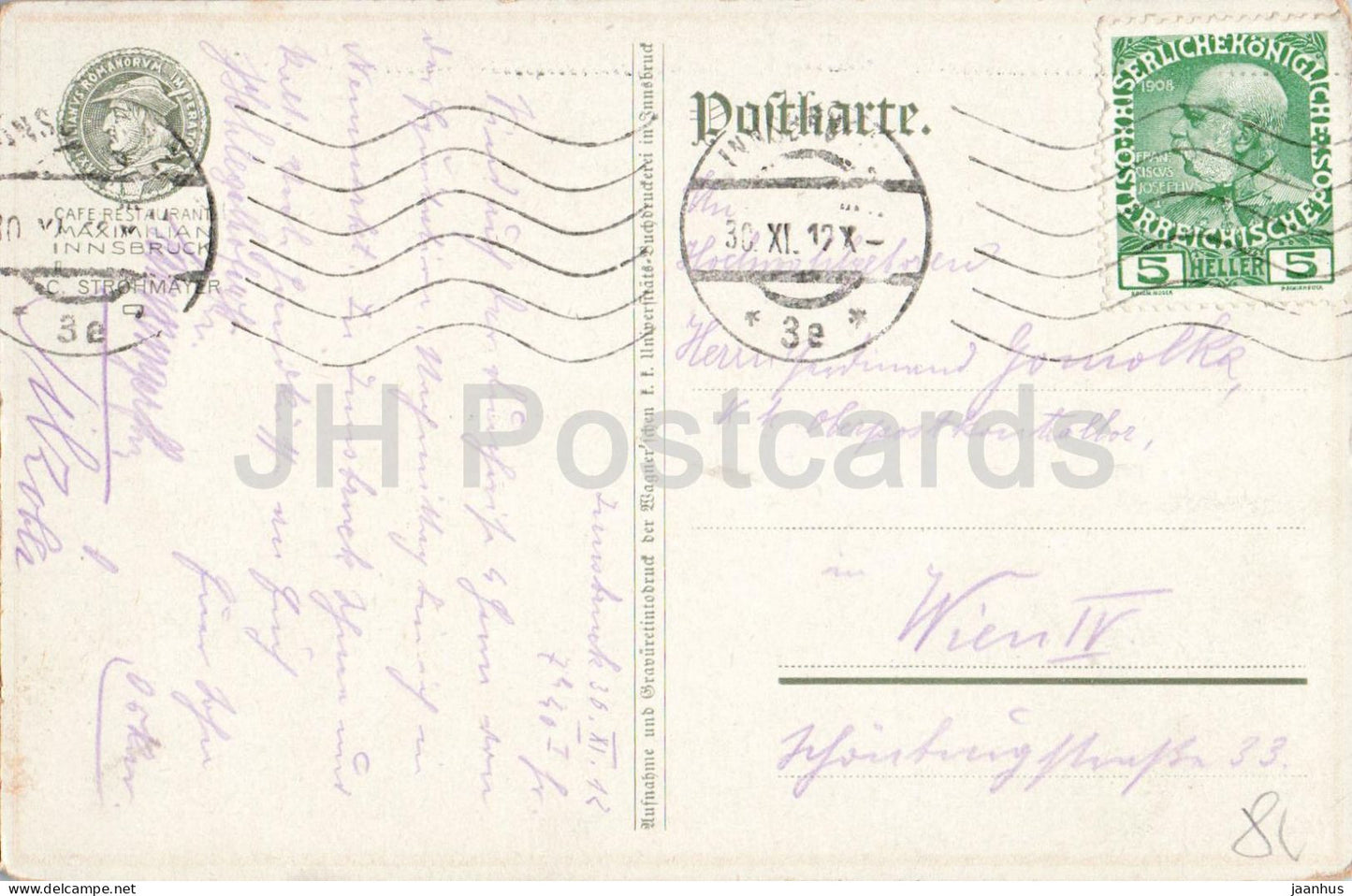 Innsbruck - Cafe Restaurant Maximilian und Maria Theresien Strasse - street tram - old postcard - 1912 - Austria - used