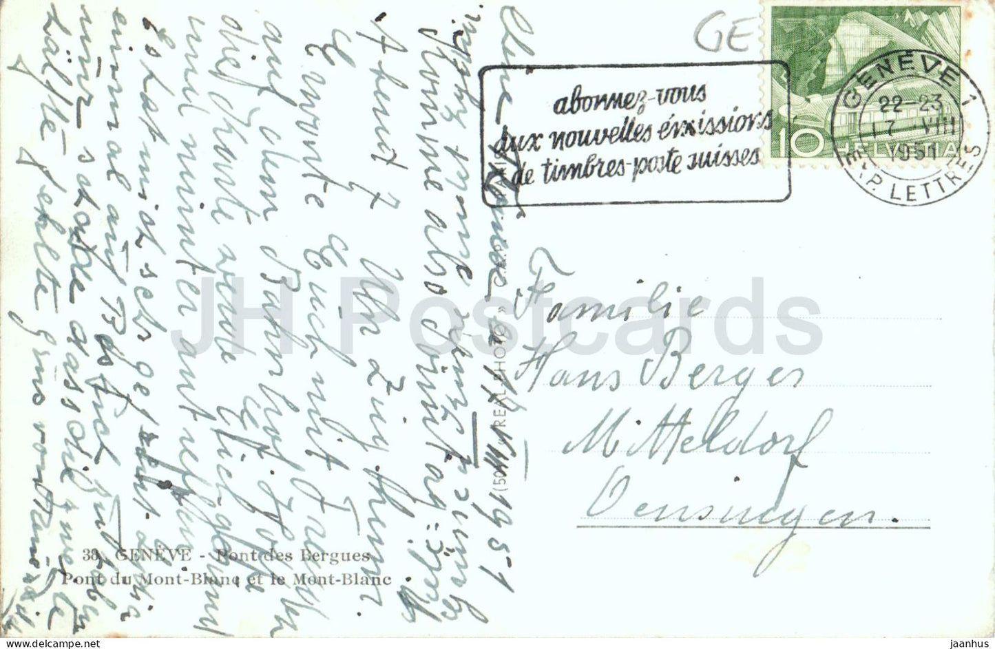 Genf - Genf - Pont des Bergues - Pont du Mont-Blanc et Mont-Blanc - 39 - alte Postkarte - 1951 - Schweiz - gebraucht