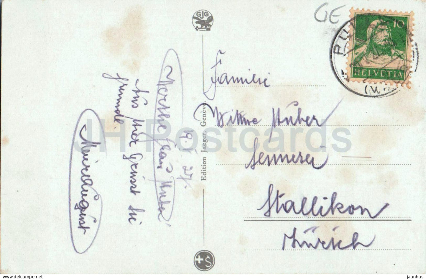 Geneve - Geneva - Hotel Les Bergues et Ile J.-J. Rousseau - 97 - old postcard - 1927 - Switzerland - used