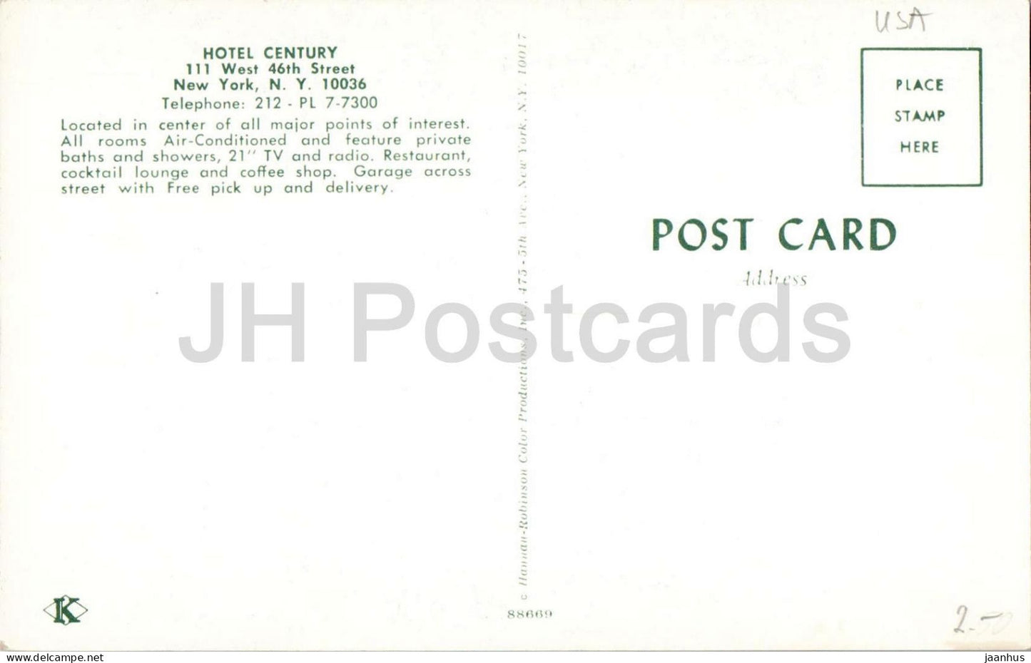 New York – Hotel Century – 111 West 46th Street – Abbildung – 1981 – USA – unbenutzt