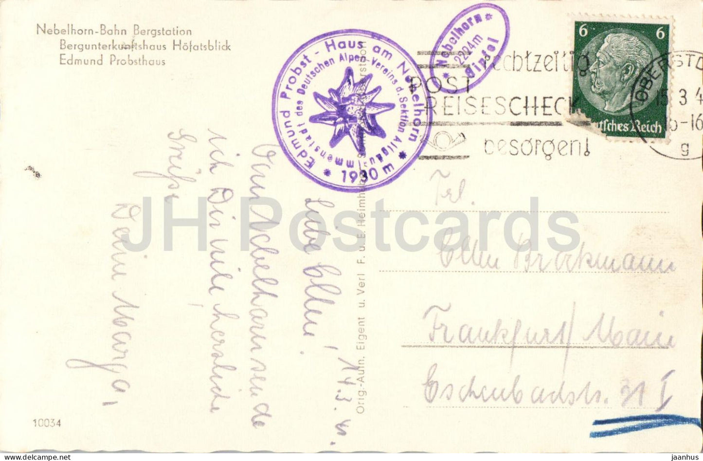 Nebelhornbahn Bergstation - chemin de fer de montagne - 10034 - carte postale ancienne - 1934 - Allemagne - utilisée