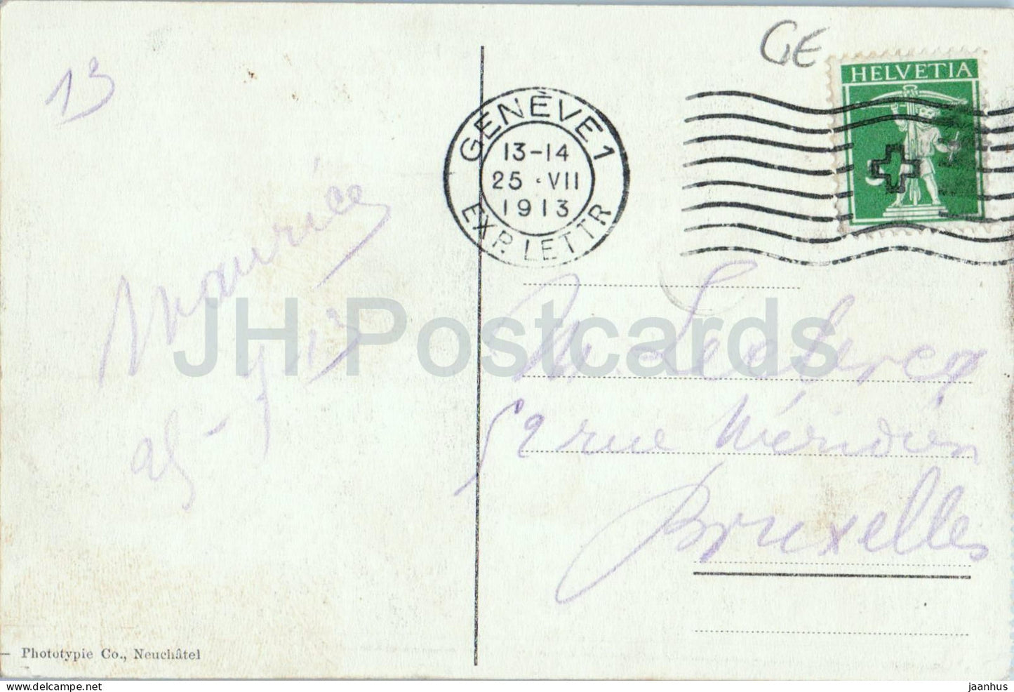 Geneve - Geneva - Rade Jet d’Eau 90 m et Mont-Blanc - ship Lausanne - 1713 - old postcard - 1913 - Switzerland - used