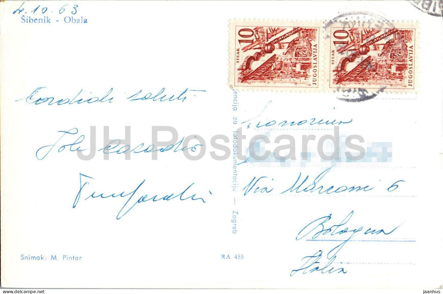Sibenik - Obala - Waterfront - harbor ship Gentile da Fabriano - 455 - old postcard - 1963 - Croatia Yugoslavia - used