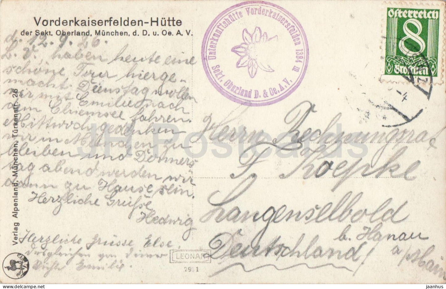 Vorderkaiserfelden - Hutte - Oberland - mountain hut - 214 - old postcard - 1926 - Austria - used
