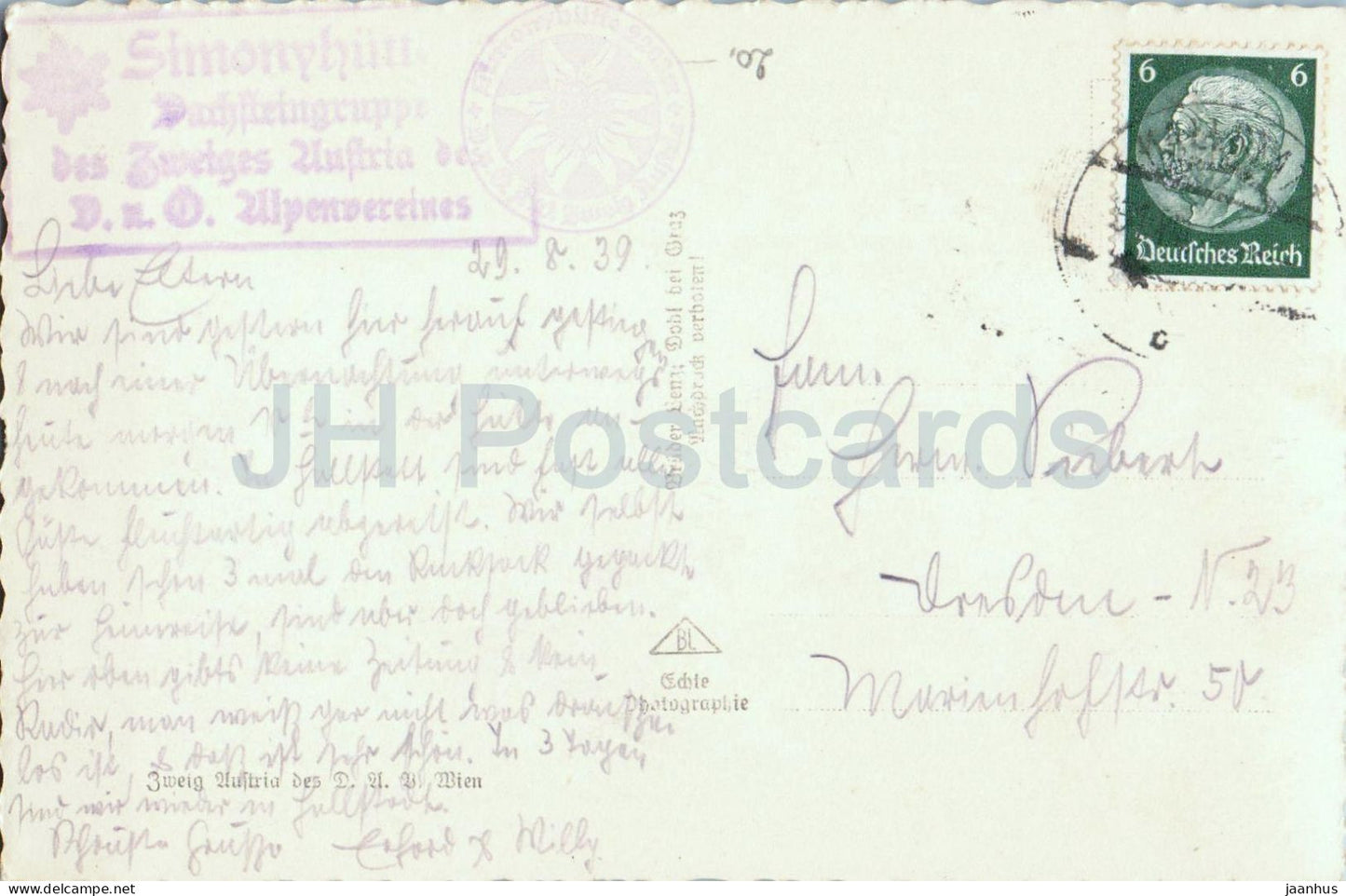 Dachstein glacier view - Simonyhutte stamp - photo - old postcard - 1939 - Austria - used