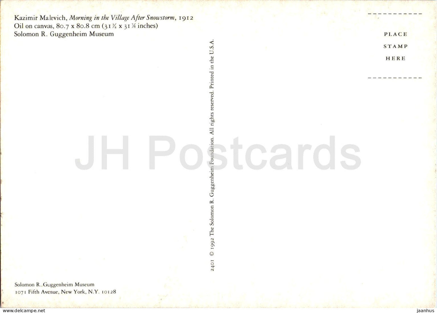 painting by Kazimir Malevich - Morning in the Village After Snowstorm - Ukrainian Russian art - 1992 - USA - unused