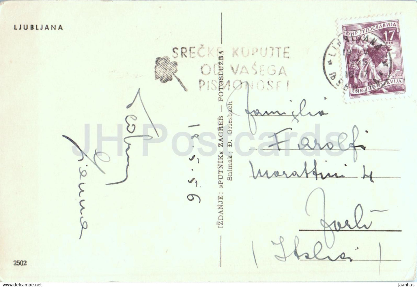 Ljubljana - city view - street - architecture - 2502 - old postcard - 1956 - Slovenia Yugoslavia - used