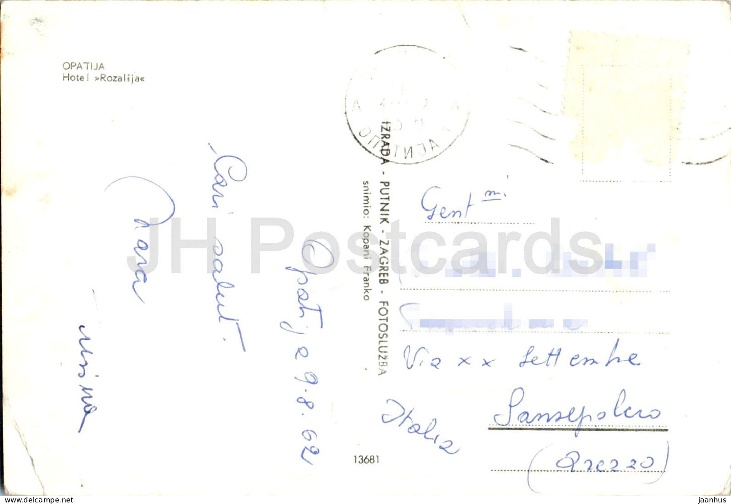 Opatija - Hotel Rozalija - Hotelvilla am Meer Strand Adria - 13681 - alte Postkarte - 1962 - Kroatien Jugoslawien - gebraucht
