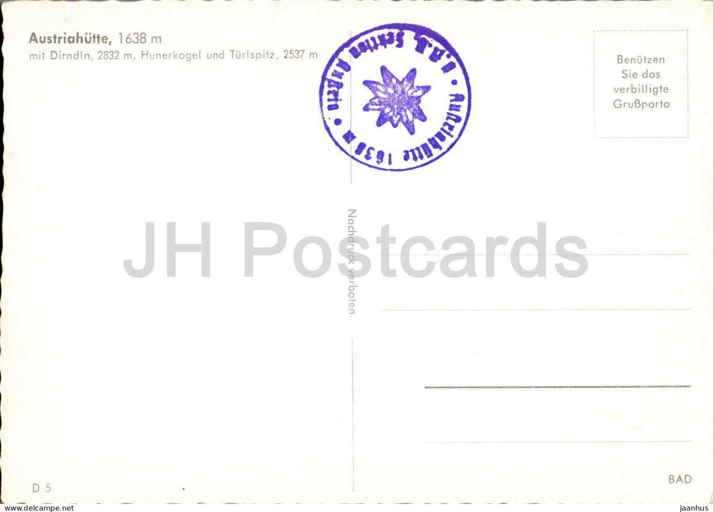 Austriahütte mit Dirndln, Hunerkogel und Turlspitz – Berggipfel – Panorama – alte Postkarte – Österreich – unbenutzt