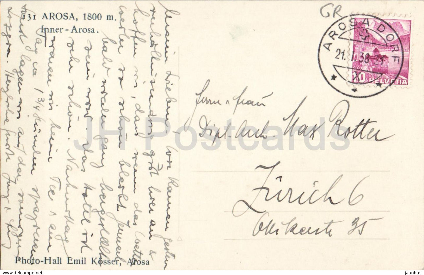 Arosa - Inner-Arosa - snow - village, Alps - winter landscape - 131 - old postcard - 1938 - Switzerland - used
