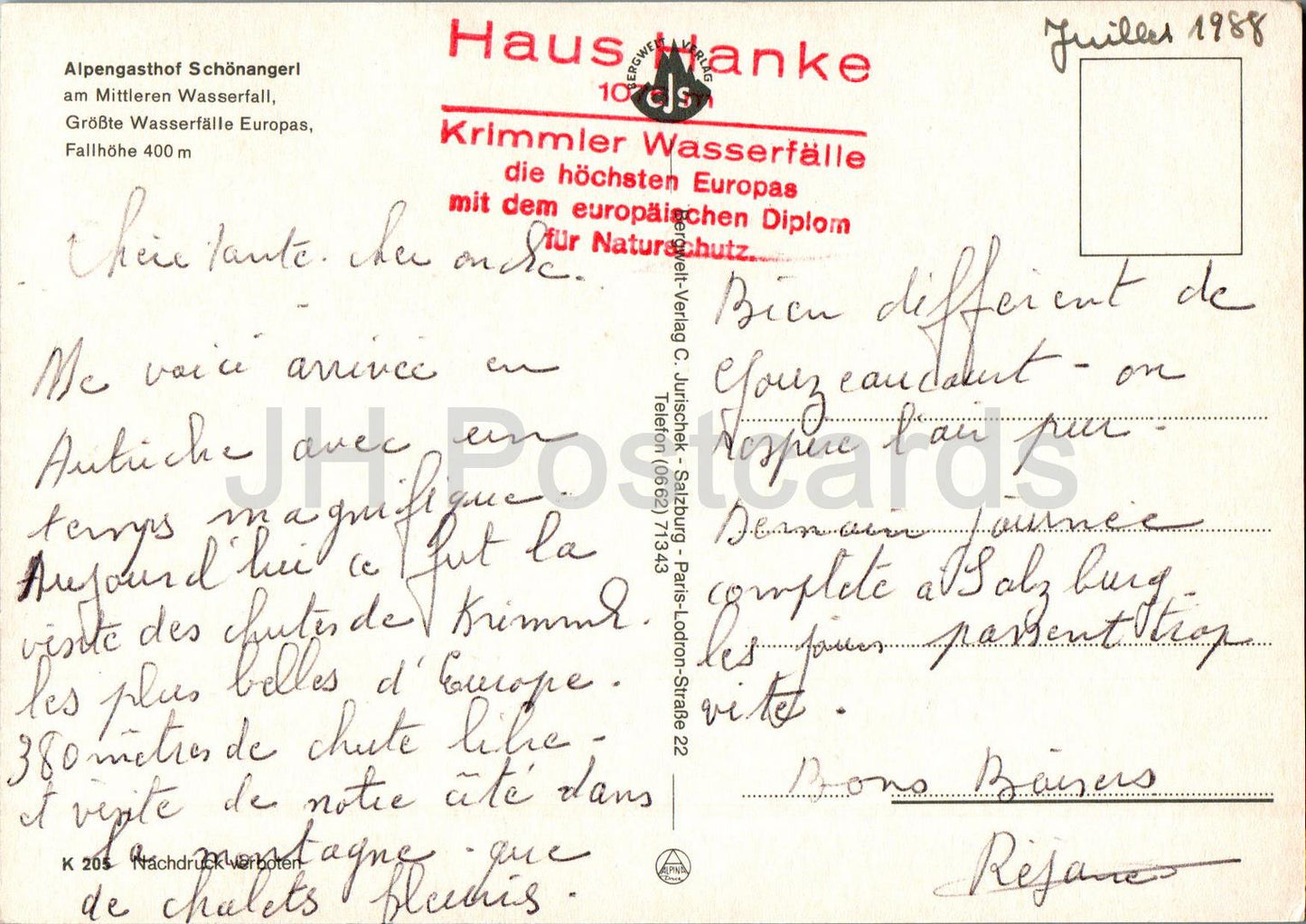 Krimml 1076 m - Alpengasthof Schonangerl - 205 - 1988 - Autriche - occasion