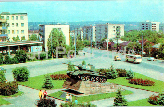 Ternopil - Victory square - WWII monument - tank - military - bus - trolleybus - 1979 - Ukraine USSR - unused