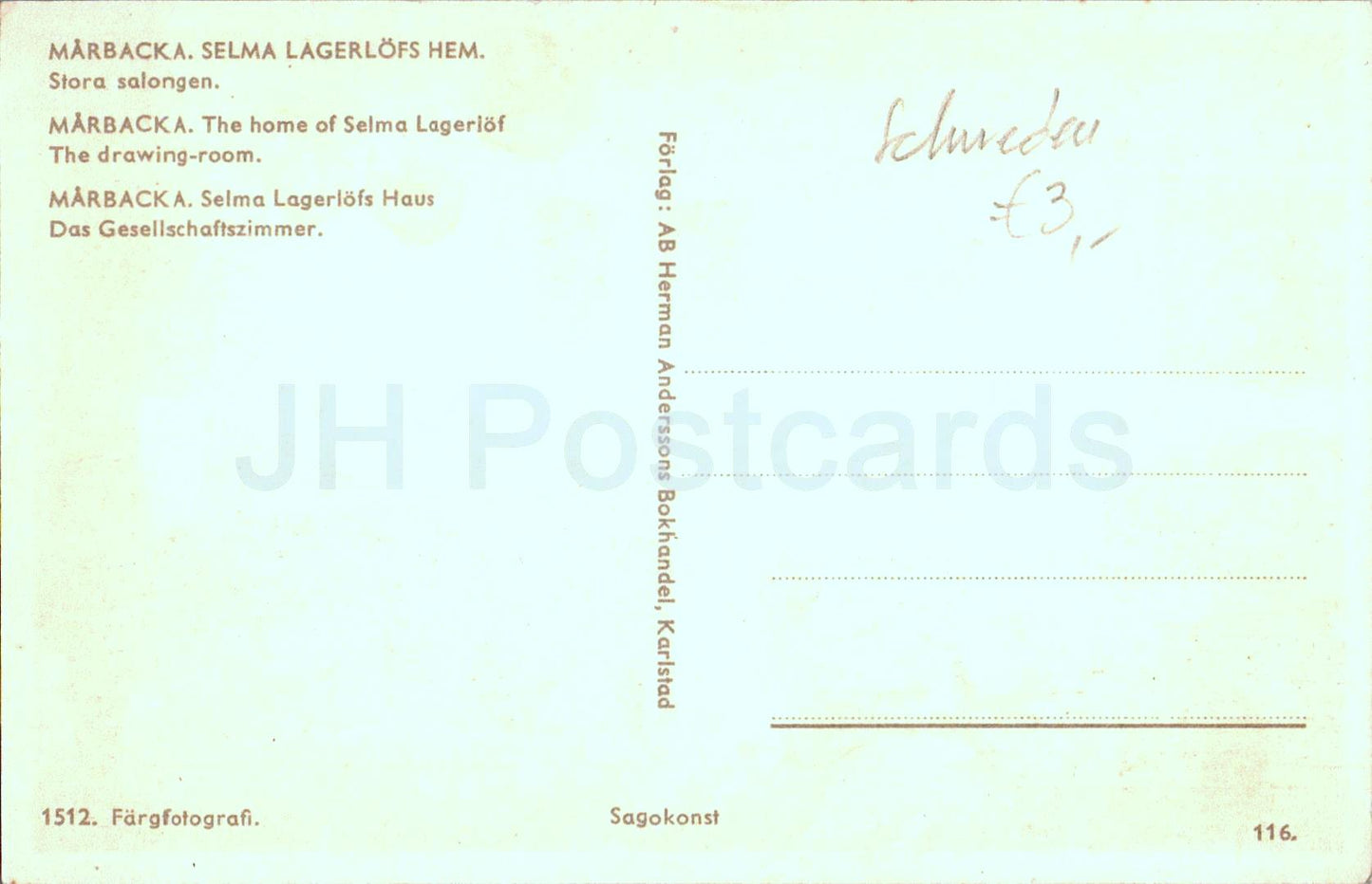 Marbacka - Selma Lagerlofs Hem - Stora salongen - Selma Lagerlof home - piano - 116 - carte postale ancienne - Suède - utilisé