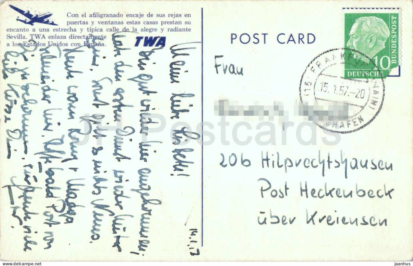 Seville - Sevilla - Spanien Häuser - TWA Trans World Airlines - alte Postkarte - 1957 - Spanien - gebraucht