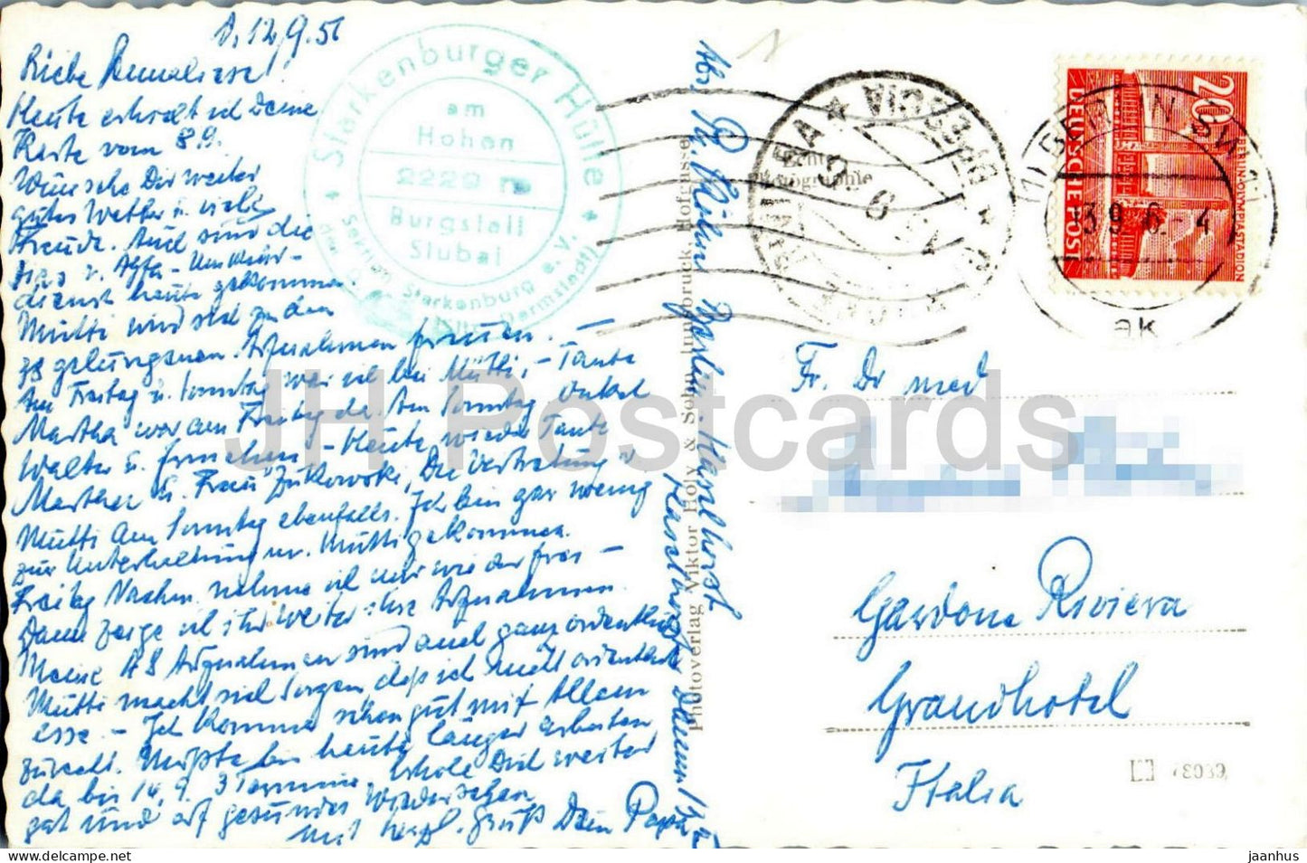 Starkenburgerhutte 2229 m Stubai - Alpes - refuge de montagne - montagnes - 224 - vieille carte postale - 1956 - Autriche - usagé