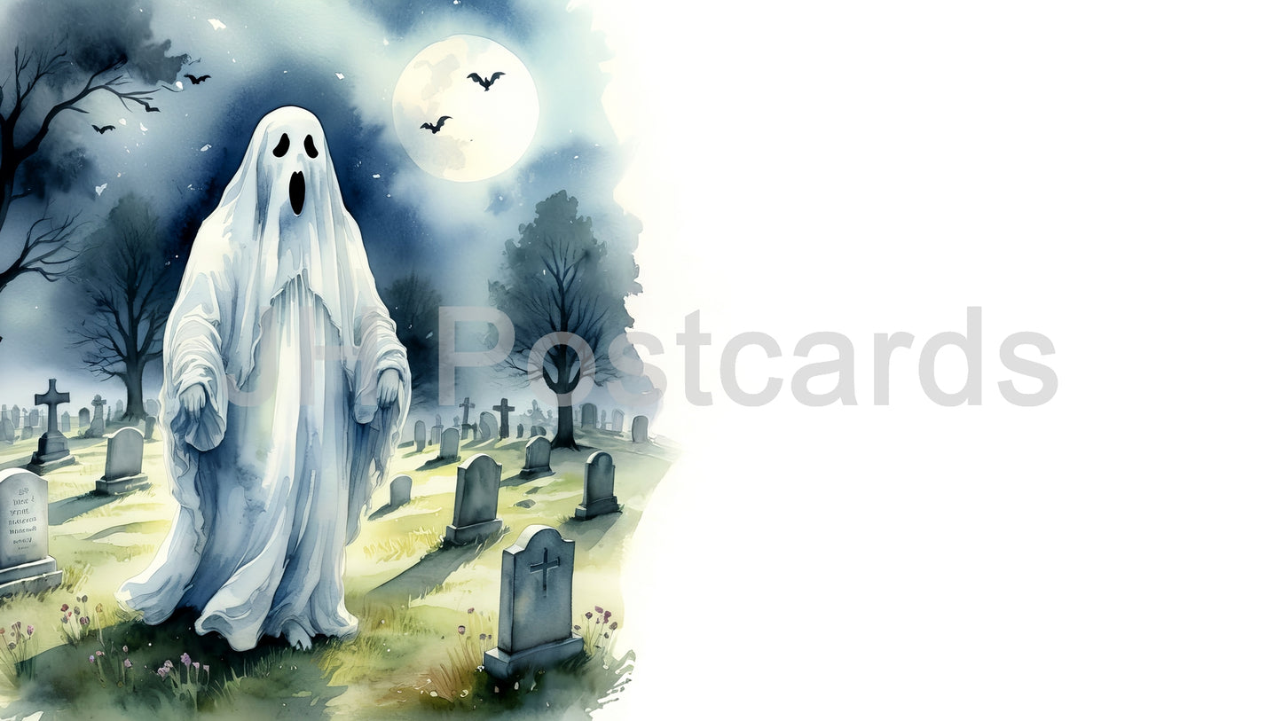 AI-Bild – Ein eindringliches Aquarell, das einen geisterhaften Geist zeigt, der aus einem nebligen Friedhof auftaucht, umgeben von hohen Bäumen und alten Grabsteinen. Zeichnung. Kunst. Illustration. Kopierraum. 3