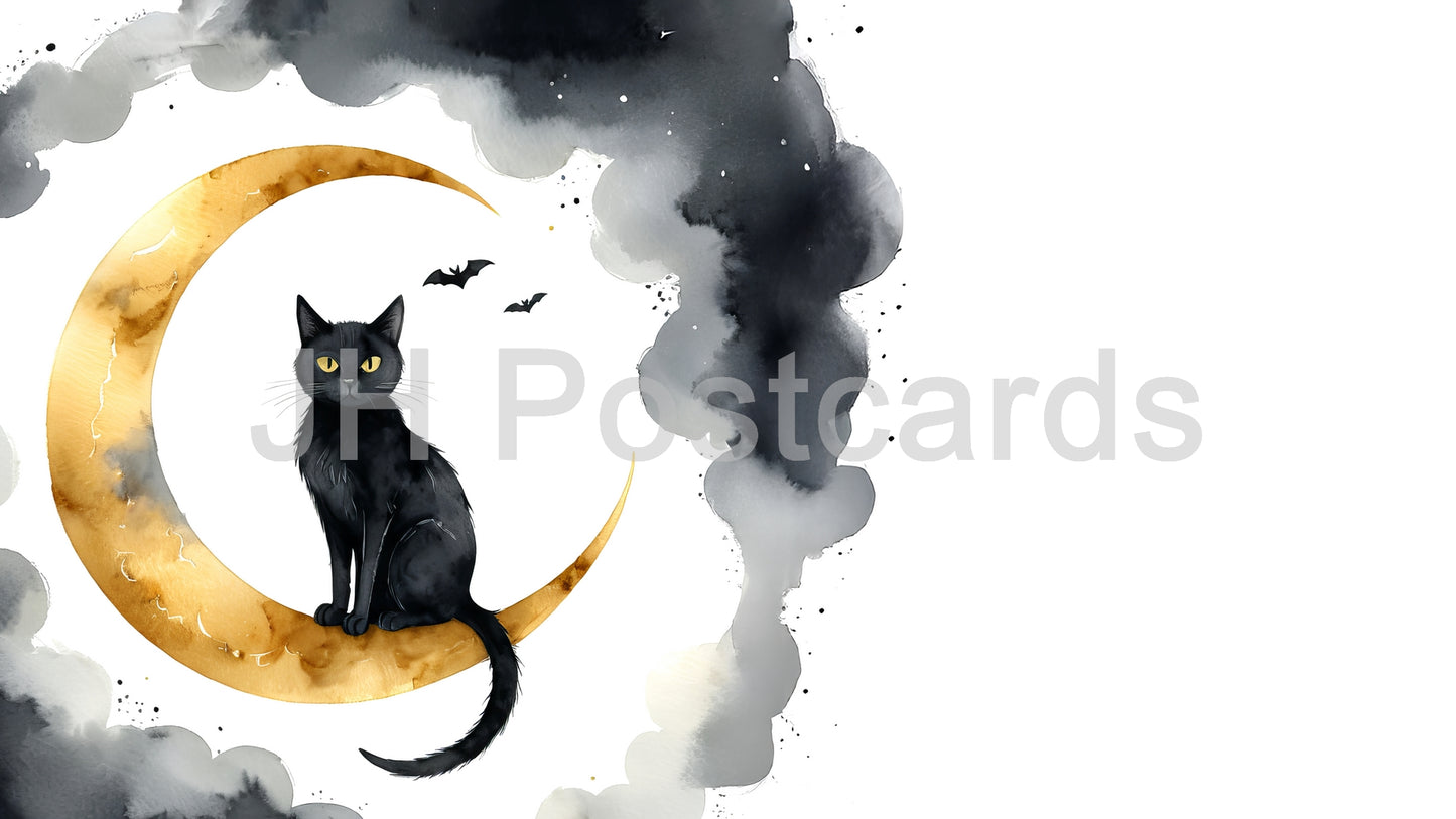 AI-Bild - Ein bezauberndes Aquarell einer schwarzen Katze, die auf einer Mondsichel thront, umgeben von einem sternenklaren Nachthimmel. Halloween. Zeichnung. Kunst. Illustration. Platz zum Kopieren. 1