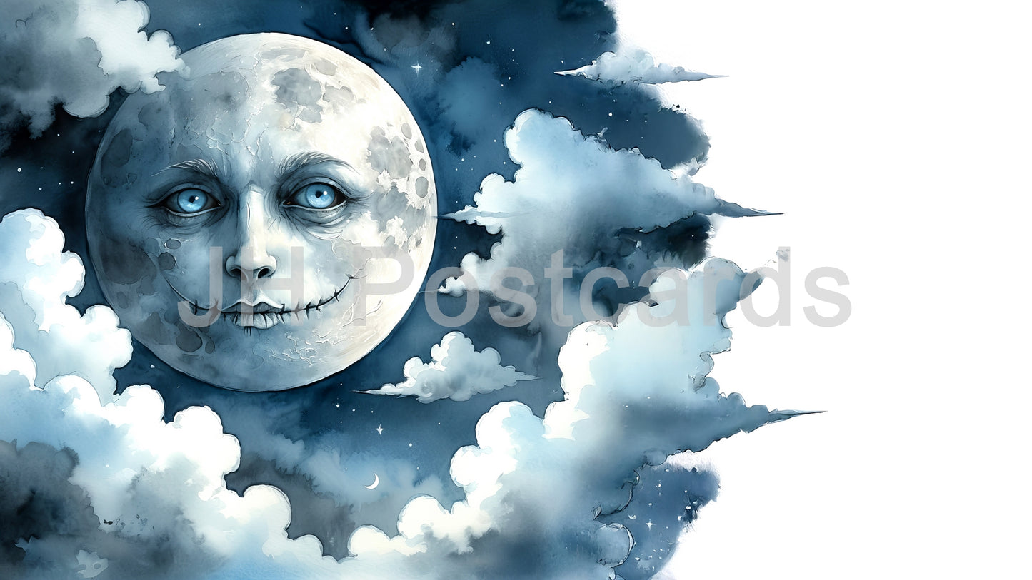 Image AI - Paysage de rêve au clair de lune : une aquarelle sereine d'une pleine lune qui brille à travers des nuages duveteux. Halloween. Dessin. Art. Illustration. Espace de copie. 1