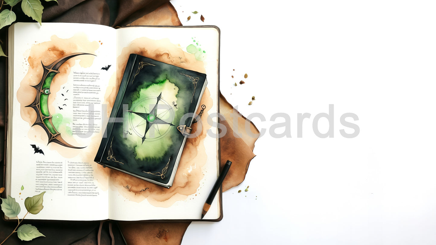 AI-Bild - Zauberbuchgeheimnisse: Eine mysteriöse Aquarellillustration eines alten Zauberbuchs, gefüllt mit kryptischen Symbolen und verborgenem Wissen. Halloween. Zeichnung. Kunst. Illustration. Platz zum Kopieren. 3