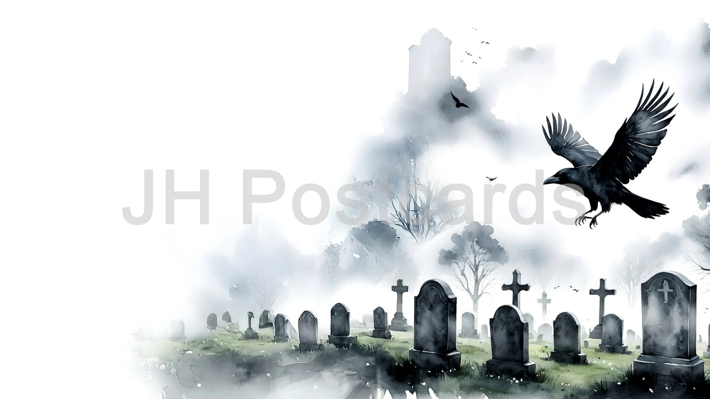 AI-Bild – Spukender Friedhof: Ein schauriges Aquarell eines nebligen Friedhofs, über dem ein Rabe schwebt und ein Gefühl des bevorstehenden Untergangs vermittelt. Halloween. Zeichnung. Kunst. Illustration. Platz zum Kopieren. 3