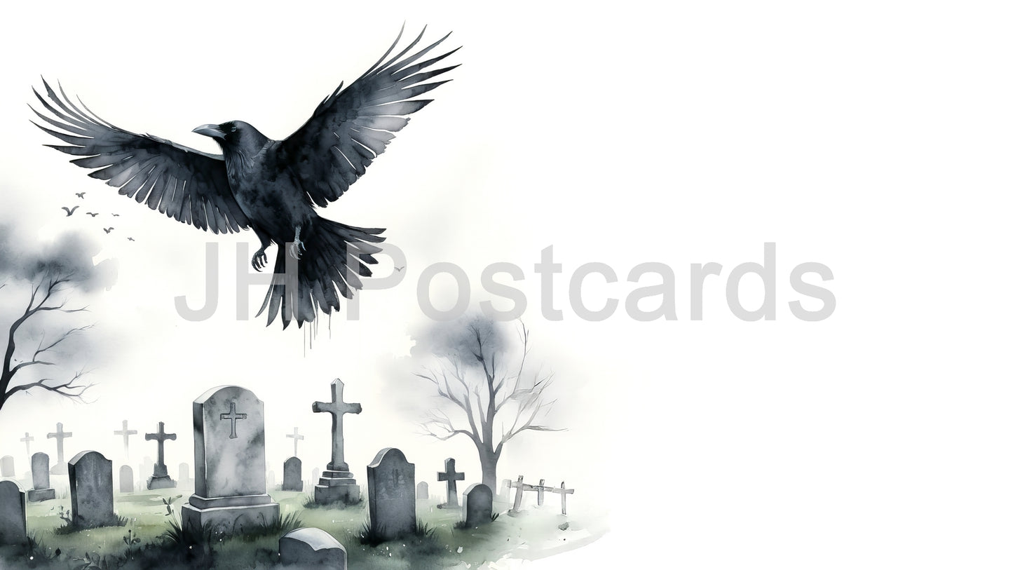 AI-Bild – Spukender Friedhof: Ein schauriges Aquarell eines nebligen Friedhofs, über dem ein Rabe schwebt und ein Gefühl des bevorstehenden Untergangs vermittelt. Halloween. Zeichnung. Kunst. Illustration. Platz zum Kopieren. 2