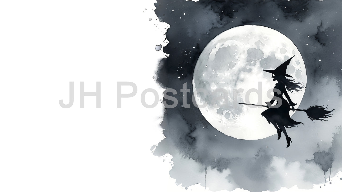 AI-Bild - Ein eindringliches Aquarell einer Hexe, die sich vor einem leuchtenden Vollmond abhebt und das Mysterium des Nachthimmels einfängt. Halloween. Zeichnung. Kunst. Illustration. Platz zum Kopieren. 1