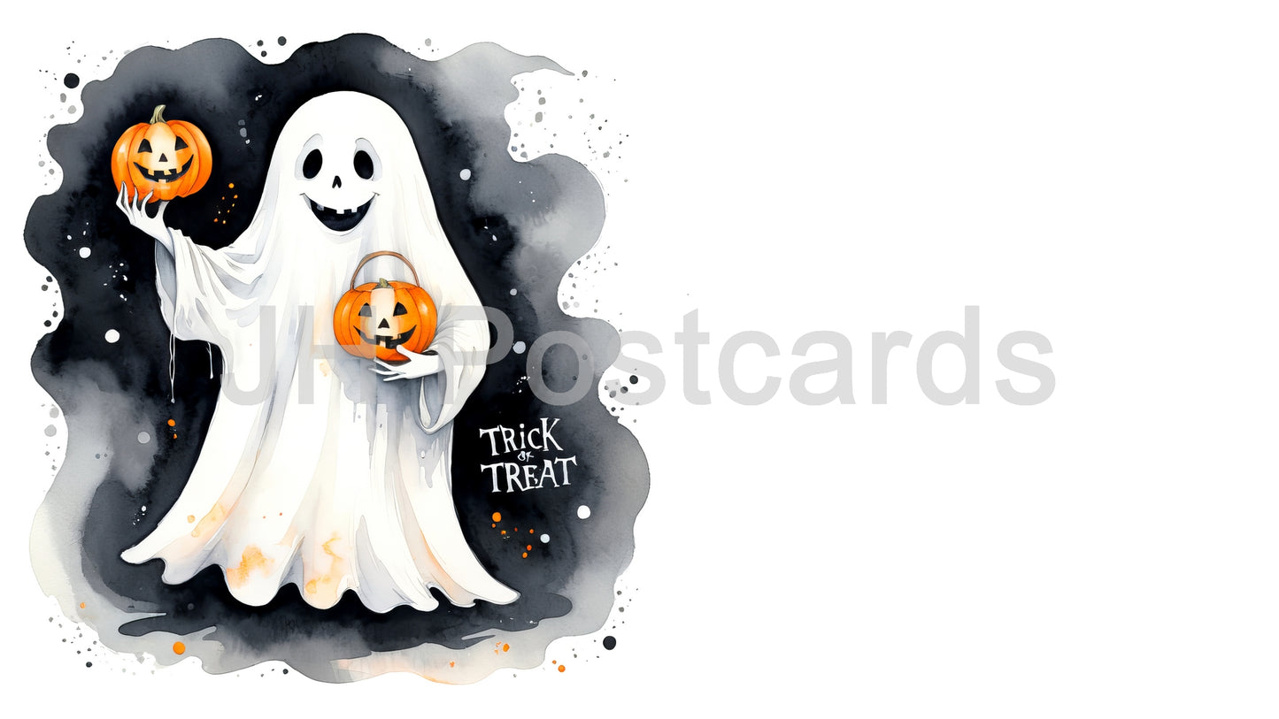 KI-Bild – Ein freundlicher geisterhafter Trick-or-Treater: Ein fröhliches Aquarellbild eines freundlichen Geistes, der einen geschnitzten Kürbis hält. Halloween. Zeichnung. Kunst. Illustration. Platz zum Kopieren. 1