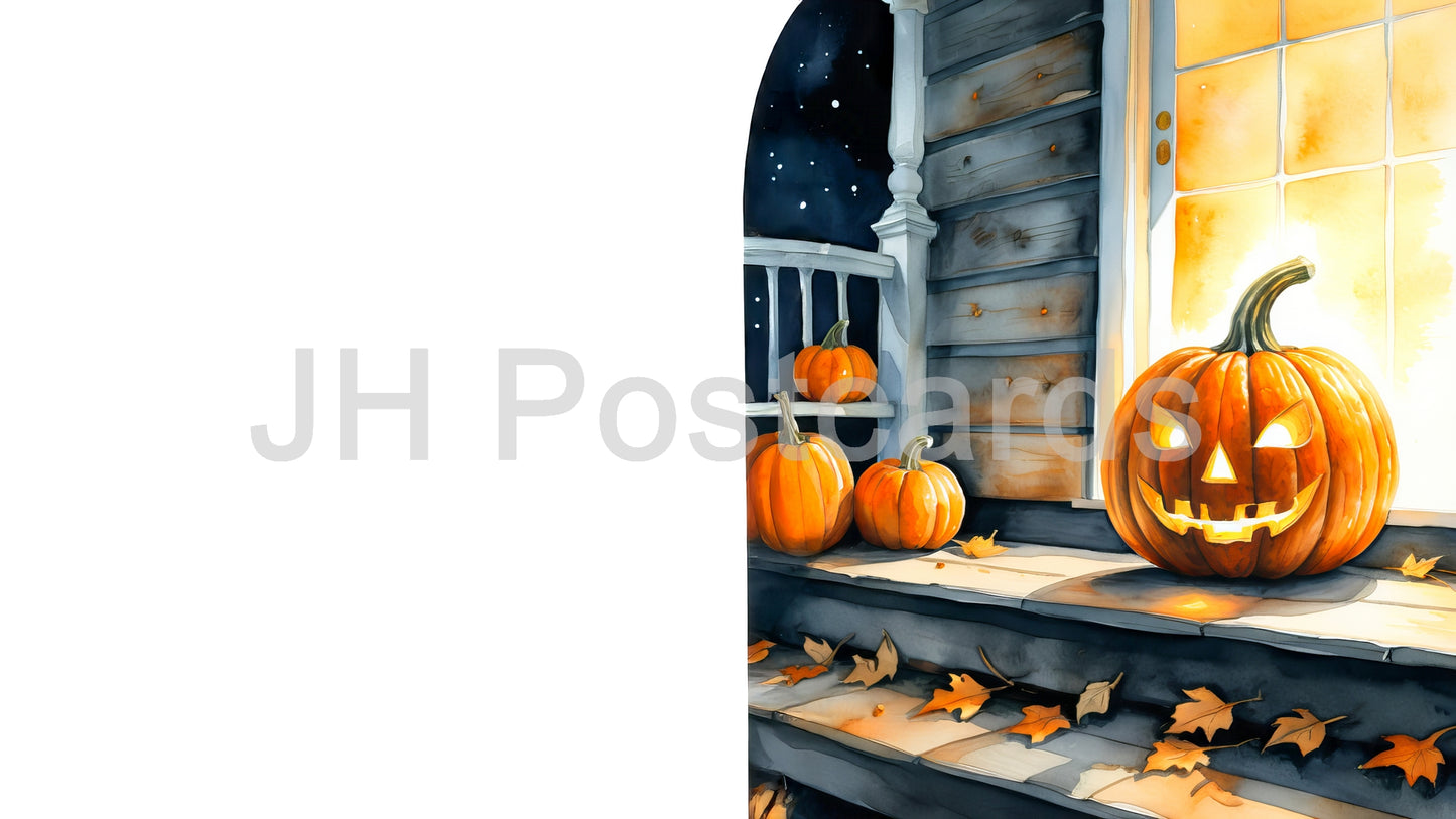 AI-Bild – Willkommen in einem Spukhaus: Ein gruseliges Aquarellbild einer leuchtenden Kürbislaterne auf einer Verandastufe, die die Kinder zu „Trick or Treat“ einlädt. Halloween. Zeichnung. Kunst. Illustration. Platz zum Kopieren. 1