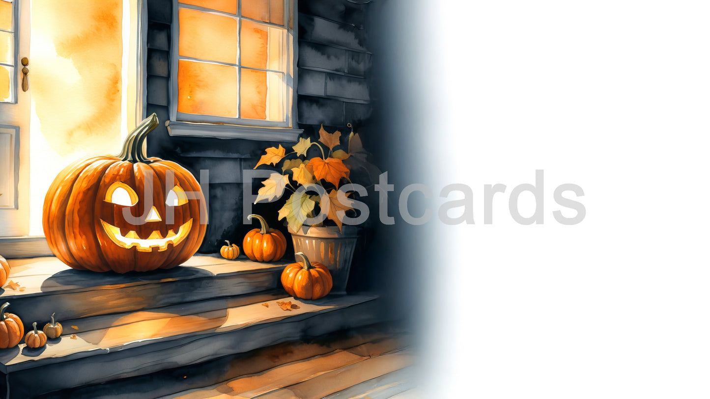 AI-Bild – Willkommen in einem Spukhaus: Ein gruseliges Aquarellbild einer leuchtenden Kürbislaterne auf einer Verandastufe, die die Kinder zu „Trick or Treat“ einlädt. Halloween. Zeichnung. Kunst. Illustration. Platz zum Kopieren. 2