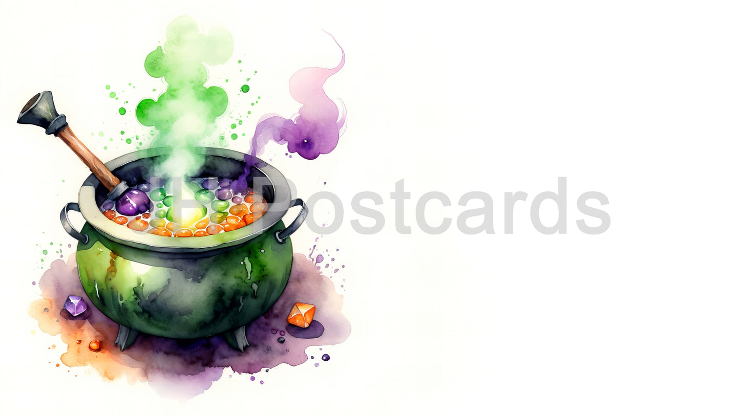 AI Image - A Mysterious Brew of Magic: A captivating watercolor painting of a bubbling cauldron filled with colorful ingredients. Halloween. Drawing. Art. Illustration. Copy Space. 1