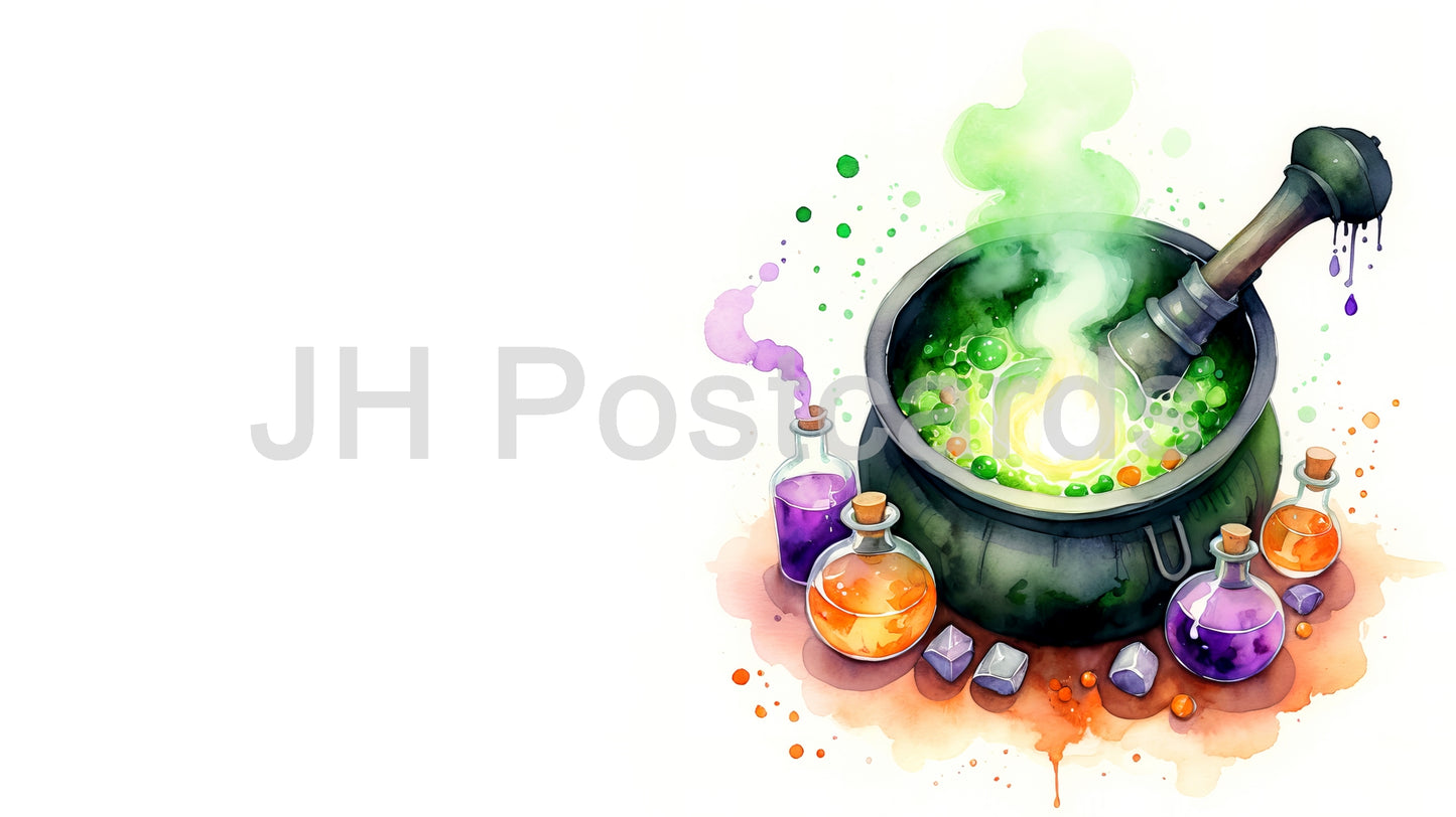 AI Image - A Mysterious Brew of Magic: A captivating watercolor painting of a bubbling cauldron filled with colorful ingredients. Halloween. Drawing. Art. Illustration. Copy Space. 2