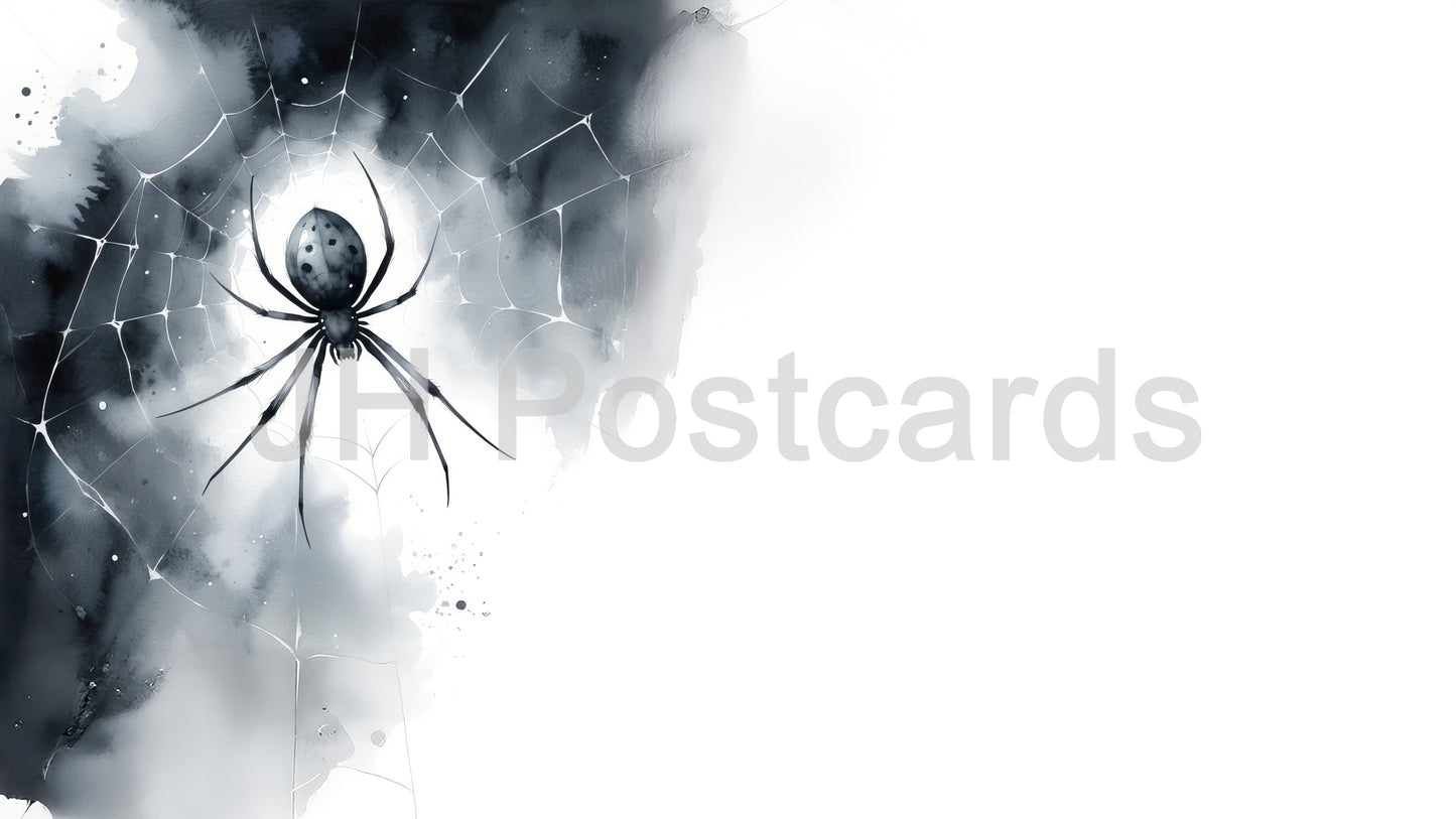 AI-Bild – Ein Netz der Dunkelheit: Ein eindringliches Aquarell einer Spinne, die in einem Netz lauert, umgeben von einer dunklen und geheimnisvollen Atmosphäre. Halloween. Zeichnung. Kunst. Illustration. Platz zum Kopieren. 1