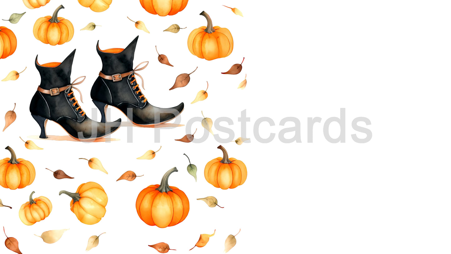 AI-Bild – Hexenstiefel und Kürbisse: Ein bezauberndes Aquarellbild von Hexenstiefeln und Kürbissen. Halloween. Zeichnung. Kunst. Illustration. Platz zum Kopieren. 1