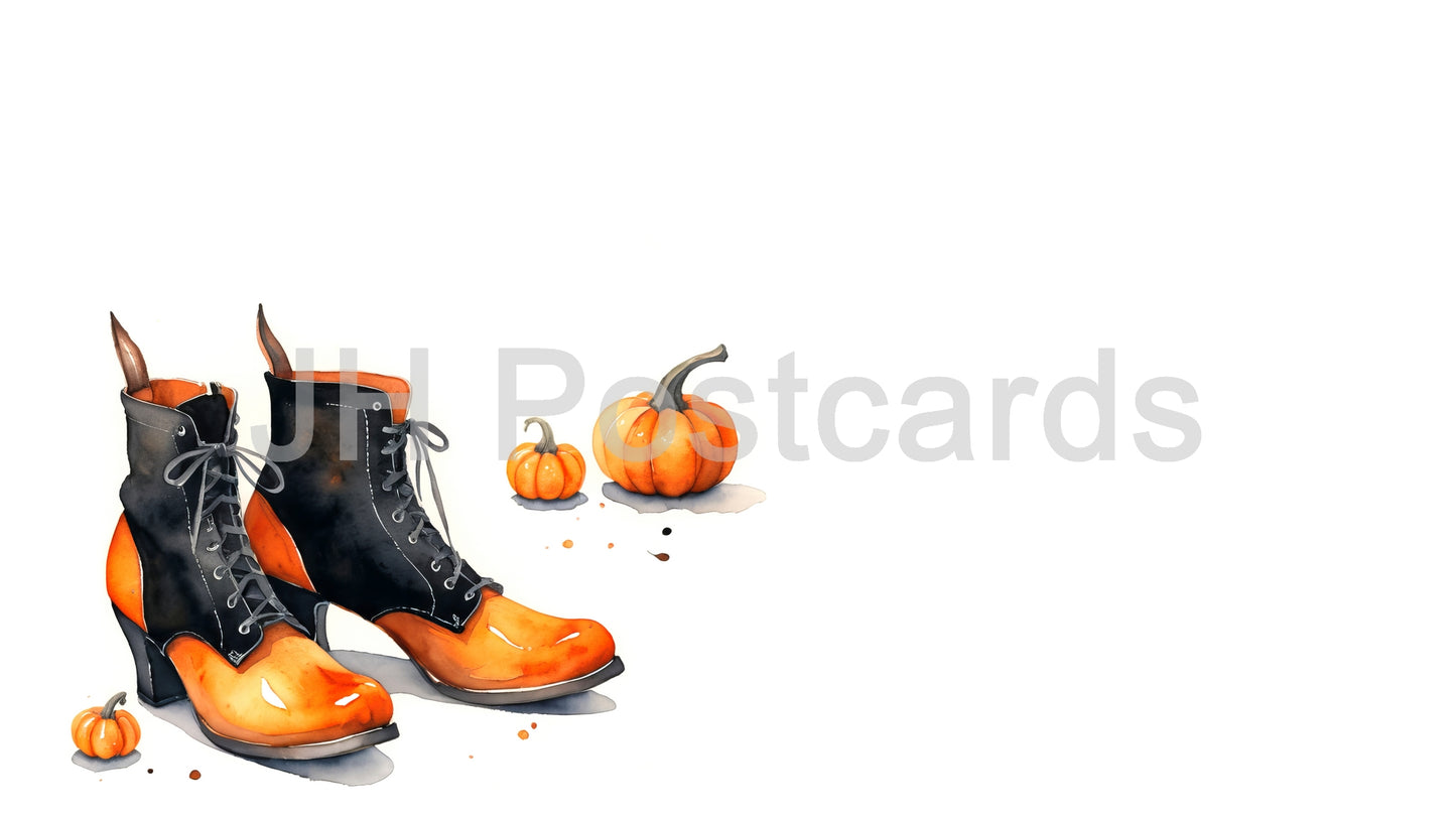 AI-Bild - Hexenstiefel und Kürbisse: Ein bezauberndes Aquarellbild von Hexenstiefeln und Kürbissen. Halloween. Zeichnung. Kunst. Illustration. Platz zum Kopieren. 2