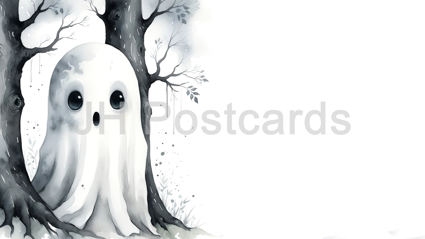 AI-Bild – Geisterhafter Waldgeist: Eine eindringliche Aquarellillustration einer geisterhaften Gestalt, die sich hinter einem Baum versteckt und ein Gefühl von Geheimnis und Angst erzeugt. Halloween. Zeichnung. Kunst. Illustration. Platz zum Kopieren. 2