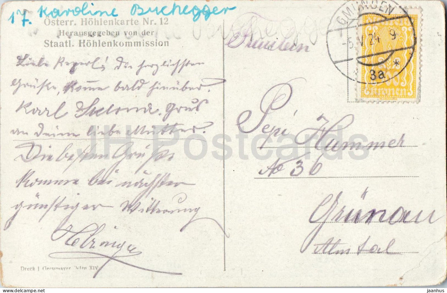 Dachstein Rieseneihöhle bei Obertraun - m Bachtunnel Korsa - Höhle - 12 - alte Postkarte - 1924 - Österreich - gebraucht