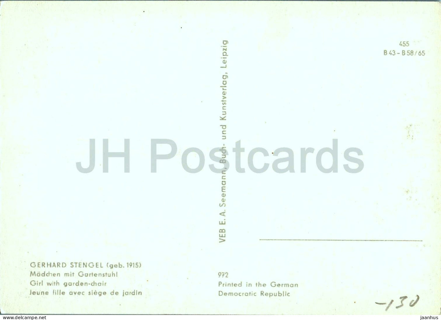 painting by Gerhard Stengel - Madchen - Girl with Garden Chair - German art - 972 - 1965 - Germany DDR - unused