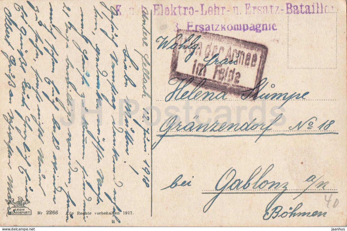 Villach - Feldpost - military mail - Elektro Lehr Ersatz Batallion - No. 2266 - old postcard - 1918 - Austria - used