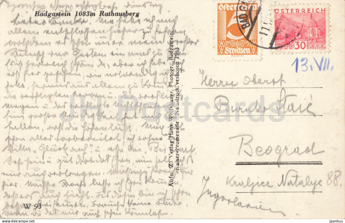 Bad Gastein 1083 m Rathausberg - Panorama des montagnes et de la vallée - W 93 - carte postale ancienne - 1934 - Autriche - utilisée