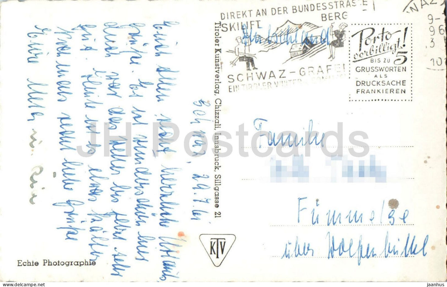 Schwaz mit Freundsberg gegen Kellerjoch 2344 m - Stadtansicht - Berge - Alpen - 6280 - 1960er - Österreich - gebraucht