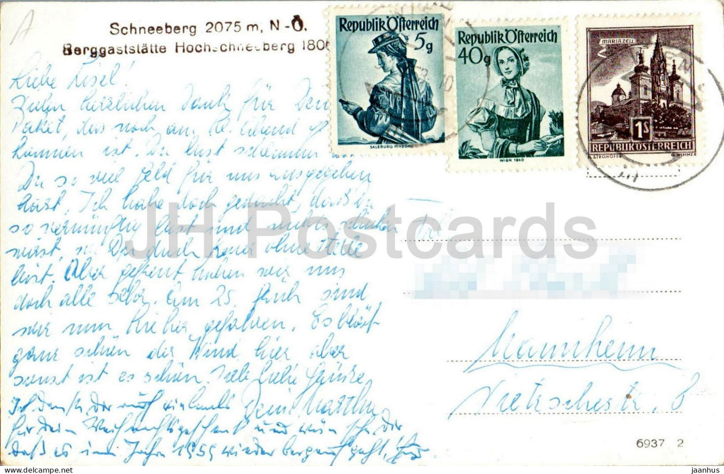 Schneeberg 2075 m - Berggaststatte Hochschneeberg - montagnes - auberge alpine - Alpes - vieille carte postale - 1958 - Autriche - usagée