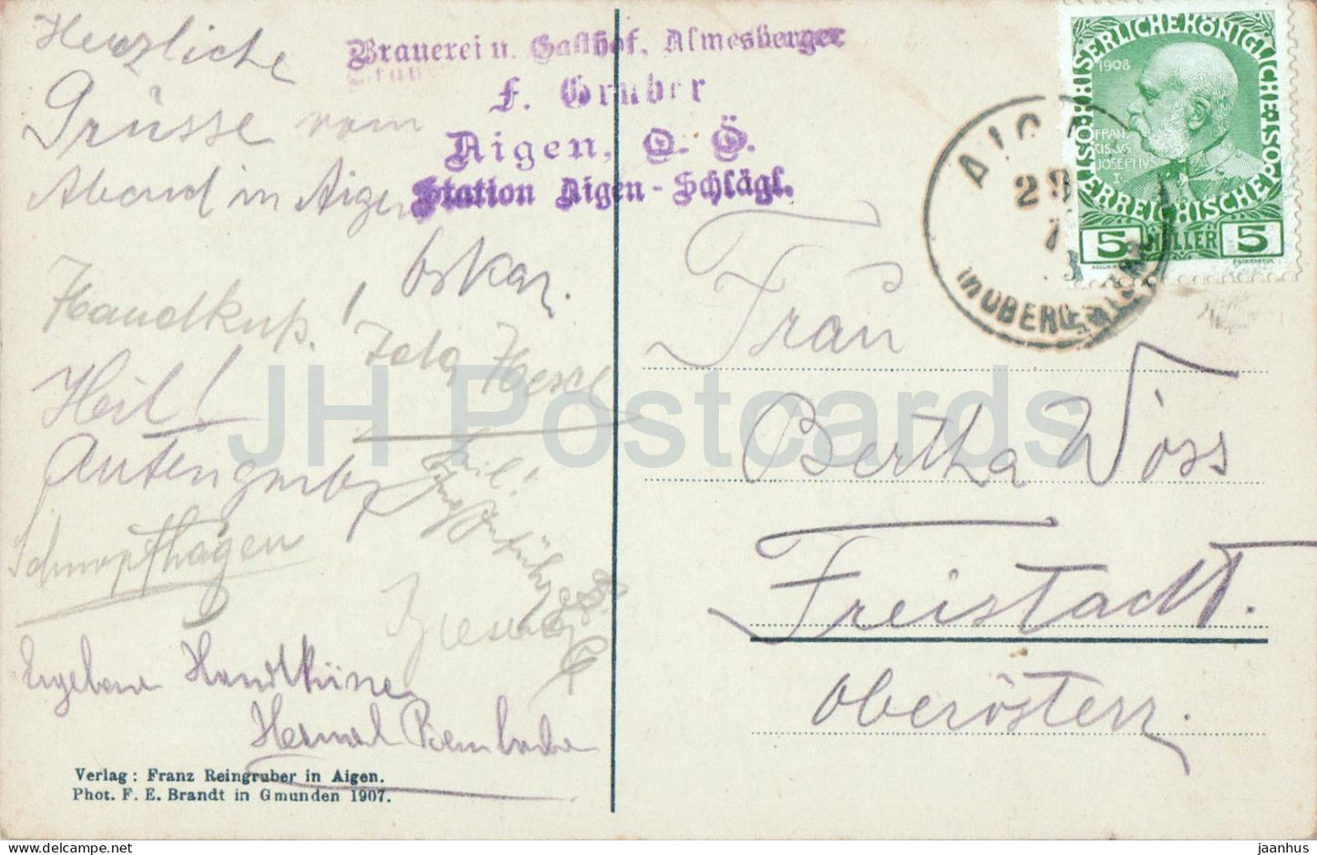 Aigen Schlagl - vallée panoramique - Brauerei u Gasthof Almesberger F. Gruber - carte postale ancienne - années 1900 - Autriche - utilisé