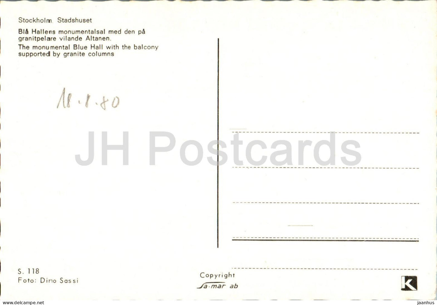 Stockholm - Stadshuset - Bla Hallens monumentalsal - Le monumental Blue Hall - 118 - Suède - inutilisé