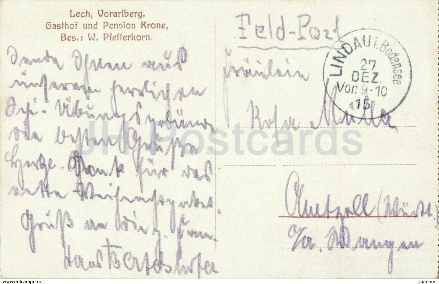 Lech - Vorarlberg 1438 m mit Rote Wand - Johanneskopf u. Schafberg - Gasthof Krone old postcard - 1915 - Austria - used