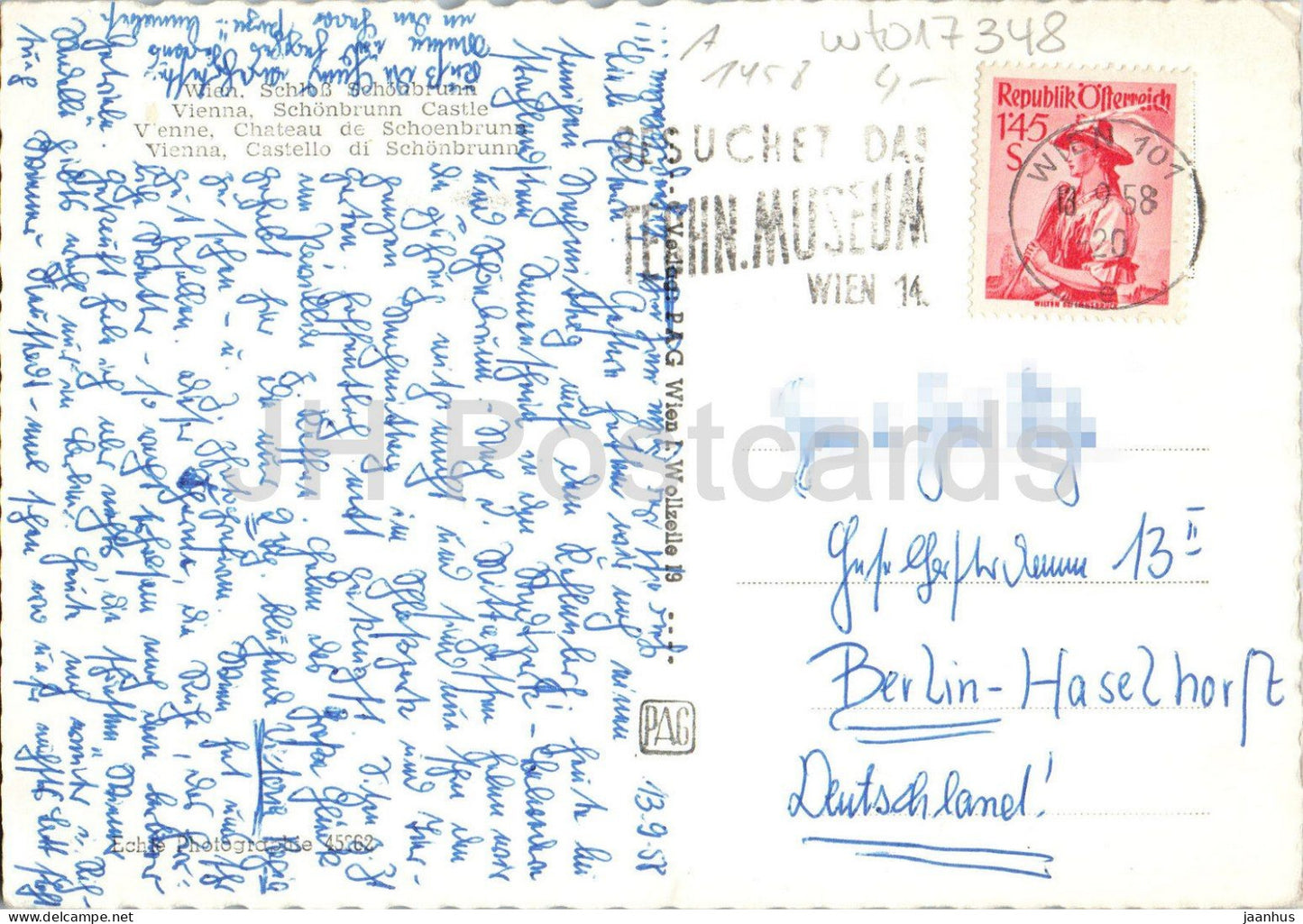 Wien - Vienna - Schloss Schonbrunn - castle - 45262 - old postcard - 1958 - Austria - used